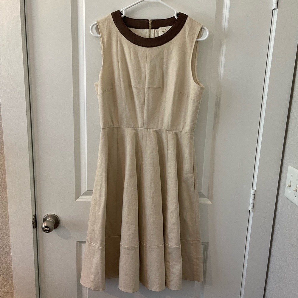 Kate Spade Havana Leather Trmed Collar Fit and Flare Khaki Dress, size 10